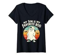 Mujer My Son Is My Favorite Boo Halloween Mom Dad Camiseta Cuello V