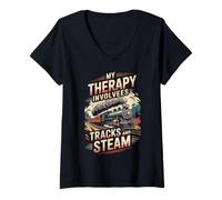 Mujer My Therapy Involves Tracks and Steam Retro Train Art Camiseta Cuello V
