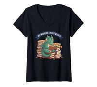 Mujer My Weekend Is Fully Booked, Lindo diseño de Lector de dragón Camiseta Cuello V