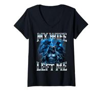 Mujer My Wife Left Me Funny Alpha Wolf Meme Dumb Graphic Brain Pudrición Camiseta Cuello V