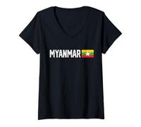 Mujer Myanmar Bandera Nacional Retro Envejecido gráfico patriótico Camiseta Cuello V