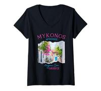 Mujer Mykonos Grecia Pink Bougainvillea Flower Historic Town Girls Camiseta Cuello V