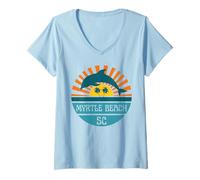 Mujer Myrtle Beach Carolina del Sur Delfines Playa Océano Retro Atardecer Camiseta Cuello V