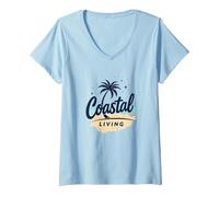 Mujer Myrtle Beach Coastal Living Palm Tree Beach Vacaciones Camiseta Cuello V, Azul Bebé, XXL