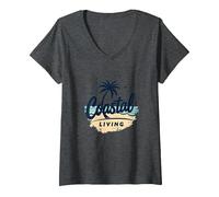 Mujer Myrtle Beach Coastal Living Palm Tree Beach Vacaciones Camiseta Cuello V, Jaspeado Oscuro, L