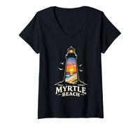 Mujer Myrtle Beach Faro Puesta del Sol Silueta Verano Camiseta Cuello V