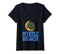 Mujer Myrtle Beach South Carolina SC Luna Creciente Palmera Retro Camiseta Cuello V