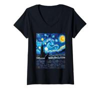 Mujer Mystery Charming - Gato Negro de Pared de Piedra Estilo Van Gogh Camiseta Cuello V