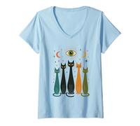 Mujer Mystic Cats Celestial Eye Moon Feline Camiseta Cuello V