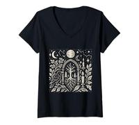 Mujer Mystic Raven Moon Pagan Wiccan Diseño de árbol Celestial Camiseta Cuello V