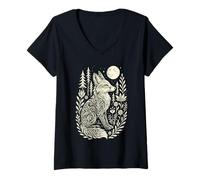 Mujer Mystical Fox Moon Arte Popular Linocut Whimsical Woodland Camiseta Cuello V