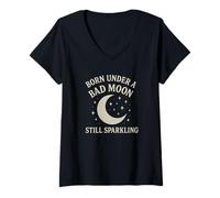 Mujer Nacido bajo una mala luna todavía brillante Astrología divertida Camiseta Cuello V