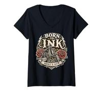 Mujer Nacido para la Aguja de Tinta y el Alma Tatuaje máquina gráfica Rosas Rojas Camiseta Cuello V