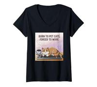Mujer Nacido para mascotas gatos forzados a trabajar gato divertido Camiseta Cuello V