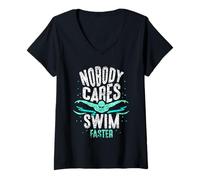 Mujer Nadie Cares Swim Faster Team Motivación Lindo Camiseta Cuello V
