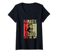 Mujer Namaste & Cycle All Day - Ciclismo vintage para gatos Camiseta Cuello V