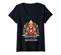 Mujer Nameowste - Meditación Zen para Amantes de los Gatos, Linda y Divertida Camiseta Cuello V