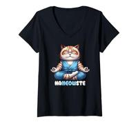 Mujer Nameowste - Meditación Zen para Amantes de los Gatos, Linda y Divertida Camiseta Cuello V