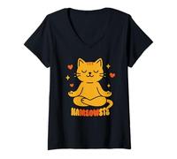 Mujer Nameowste - Meditación Zen para Amantes de los Gatos, Linda y Divertida Camiseta Cuello V