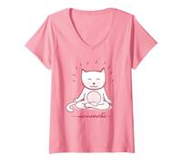 Mujer Nameowste - Meditación Zen para Amantes de los Gatos, Linda y Divertida Camiseta Cuello V