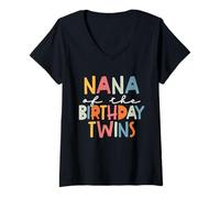 Mujer Nana of The Birthday Twins Kids, bisabuela, Twin Bday Camiseta Cuello V
