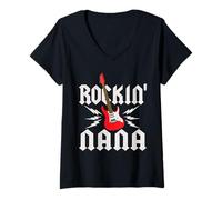 Mujer Nana Rockin One Birthday Family - Guitarra de Rock a Juego Camiseta Cuello V