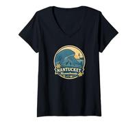 Mujer Nantucket MA Faro de Ballena Azul Madre y Becerro Camiseta Cuello V