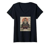 Mujer Nara Deer Japón Retro Todaiji Templo japonés Kanji Souvenir Camiseta Cuello V