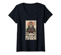 Mujer Nara Deer Japón Retro Todaiji Templo japonés Kanji Souvenir Camiseta Cuello V