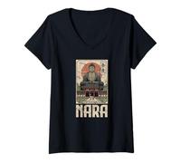 Mujer Nara Deer Japón Retro Todaiji Templo japonés Kanji Souvenir Camiseta Cuello V