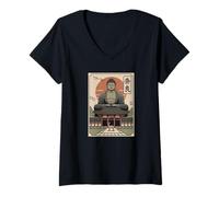 Mujer Nara Deer Japón Retro Todaiji Templo japonés Kanji Souvenir Camiseta Cuello V