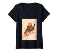 Mujer Naranja Gato Samurai Koi Peces Japonés Arte Ilustración Camiseta Cuello V