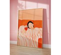 Mujer naranja relajándose con vino, arte mural, impresión minimalista de retrato femenino abstracto, obra de arte contemporáneo acogedor (60 x 90 cm/sin marco)