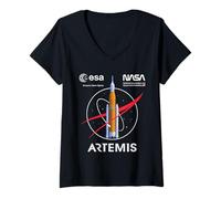 Mujer NASA Artemis Misión SLS Worm and ESA Logo Camiseta Cuello V