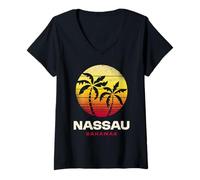 Mujer Nassau Bahamas Puerto de cruceros Retro Sunset Design Camiseta Cuello V