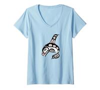 Mujer Nativo Americano Rojo Negro Haida Orca Ballena Camiseta Cuello V