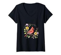 Mujer Naturaleza botánica del pájaro cardenal del norte caprichoso Camiseta Cuello V