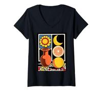 Mujer Naturaleza Muerta Retro Sol Luna Naranja Camiseta Cuello V