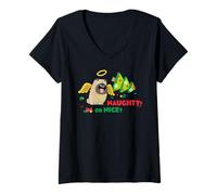 Mujer Naughty Or Nice Pets Angel Pug Navidad Camiseta Cuello V