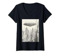 Mujer Nave espacial alienígena flotando sobre un horizonte urbano tranquilo Camiseta Cuello V