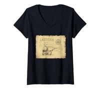 Mujer Navegando Latitudes Brújula Barco Bosquejo Vintage Arte Náutico Camiseta Cuello V
