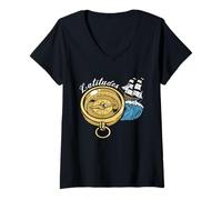 Mujer Navegando Latitudes Brújula Barco Bosquejo Vintage Arte Náutico Camiseta Cuello V