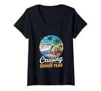 Mujer Navegando por el diseño de crucero escolar tropical de último año Camiseta Cuello V