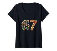 Mujer Navidad 67 Luces de Pan de Jengibre Feliz día Festivo Camiseta Cuello V
