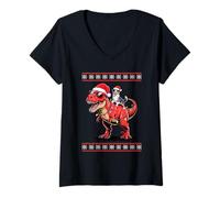 Mujer Navidad Australian Shepherd T-Rex Dinosaurio Aussie Dog Camiseta Cuello V