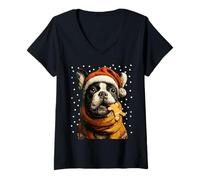 Mujer Navidad Boston Terrier Santa Hat Gingerbread Cookie Snow Camiseta Cuello V