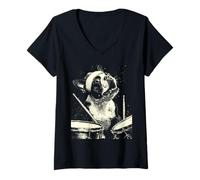 Mujer Navidad Boston Terrier Tocando Batería Punk Grunge Camiseta Cuello V