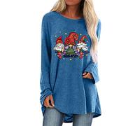 Mujer Navidad Casual Cuello Redondo Raglán Christmas GNOME Printing Camiseta Manga Larga Blusa Top Túnica Festiva Elegante, azul, L