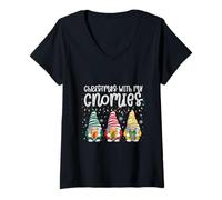 Mujer Navidad con mis gnomios, Elfo navideño, Papá Noel Camiseta Cuello V
