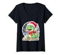 Mujer Navidad Dino T-Rex Dragón Desea Roaring Christmas Camiseta Cuello V